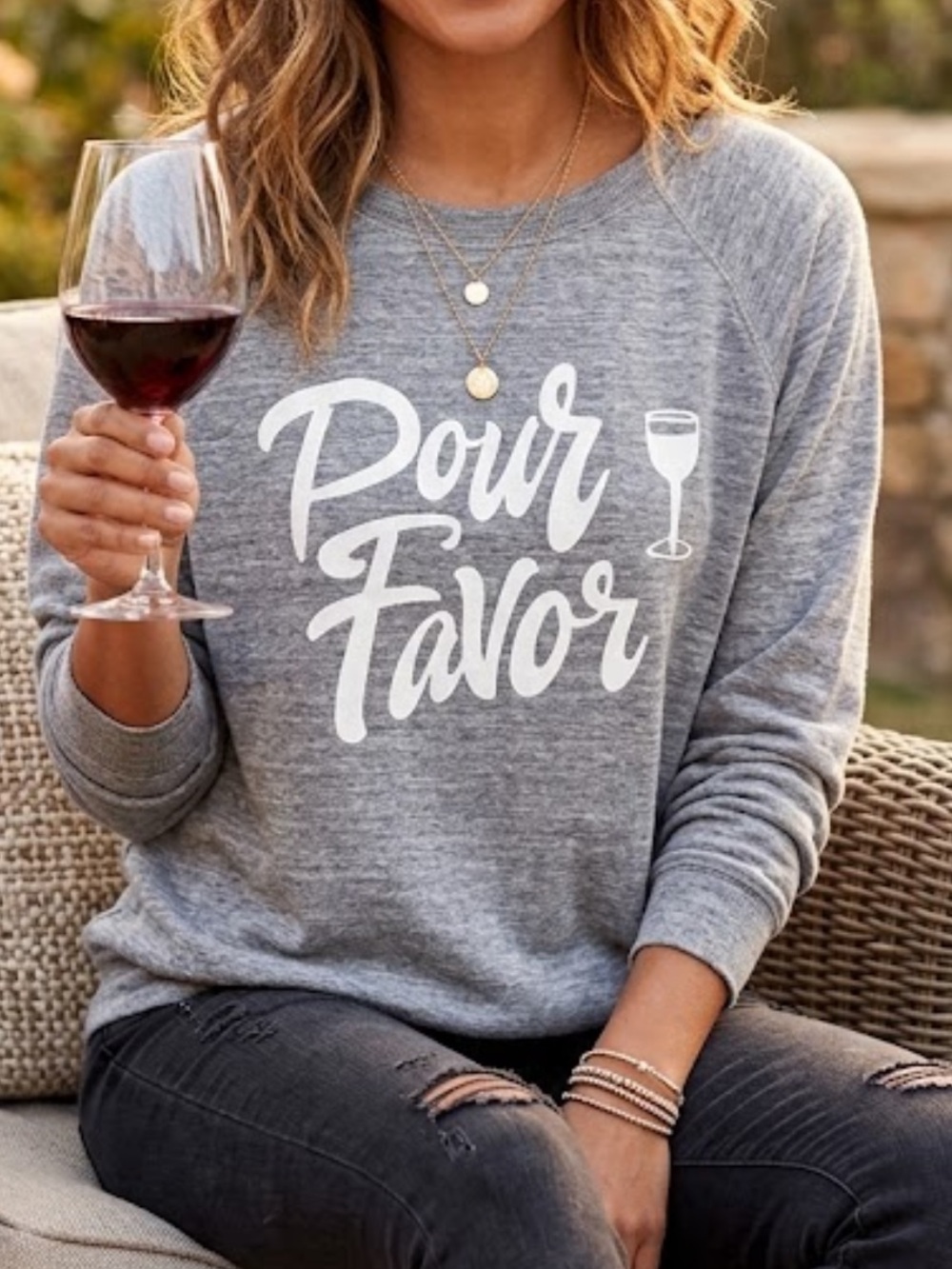 Wildfox "Pour Favor" Wine Graphic Oversized Raglan Sweatshirt Gray M/L
